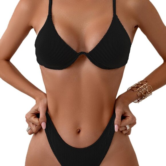 Ribbed Black Triangle Bikini Set — L (Underwire Push-Up, High-Cut Cheeky) 🖤 - Picture 2 of 5